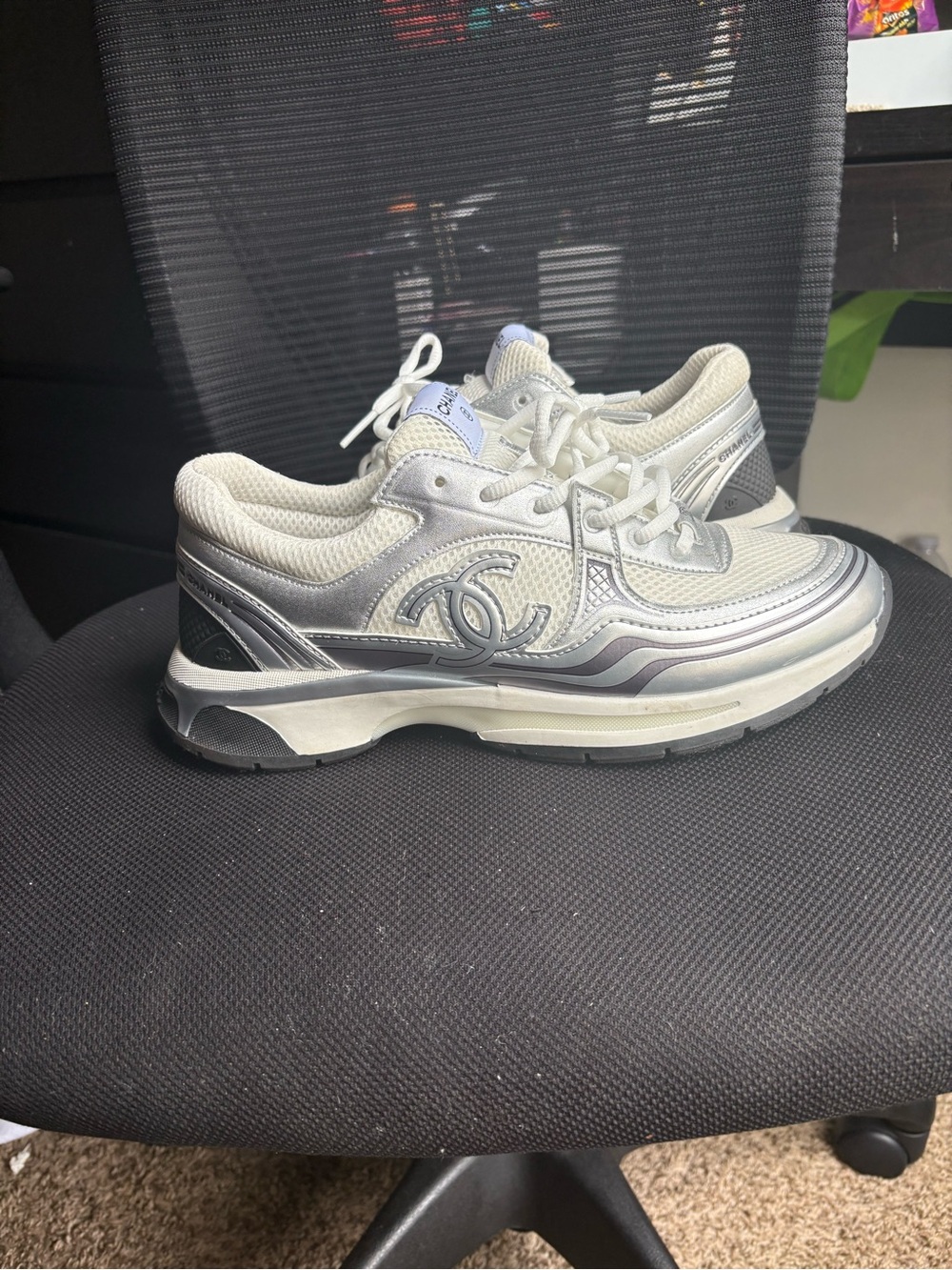 CHANEL Silver and White Athletic Sneakers